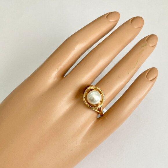 Art Deco Cubic Zirconia White Pearl Cocktail Ring Yellow Gold Plated Size 7 8 9 - Picture 6 of 16